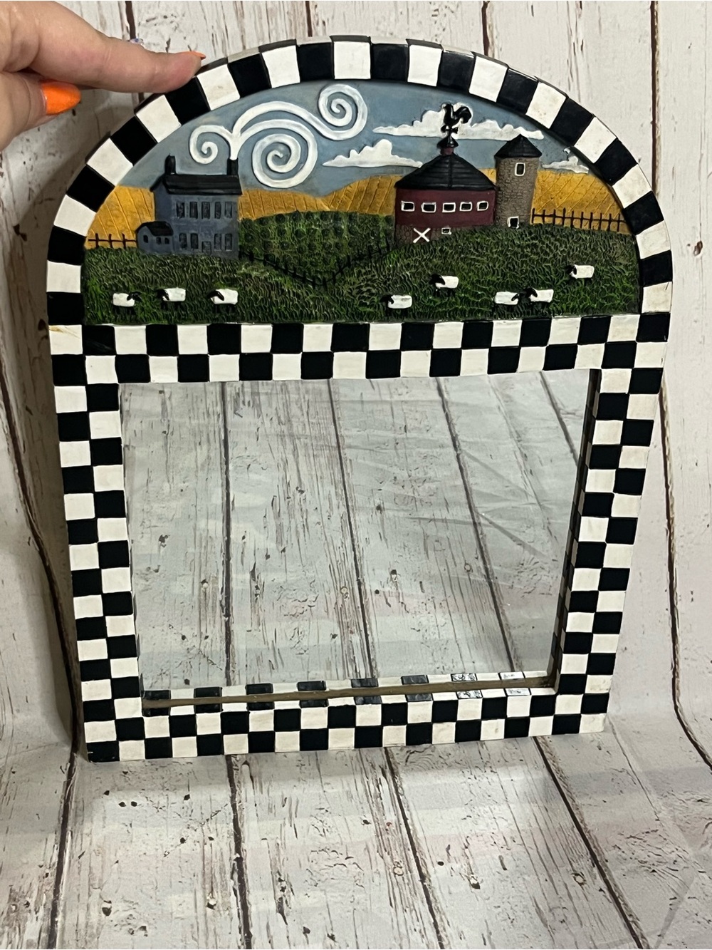 Arched Farmhouse Scene Black and White Checkered Wall Mirror